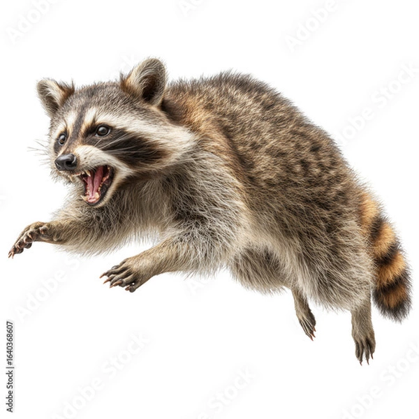 Fototapeta A raccoon is jumping in the air and he is angry