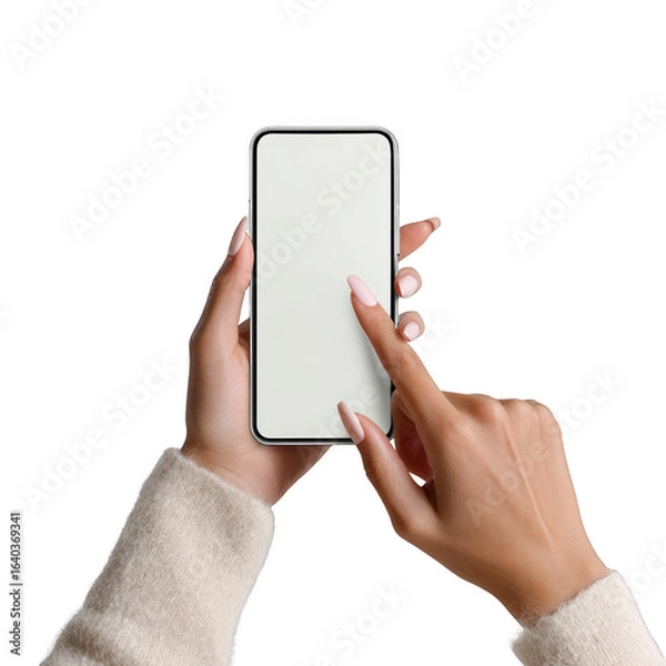 Fototapeta A woman is holding a cell phone and pointing at it