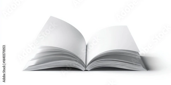 Fototapeta Open blank book with white pages lies on white background, casting soft shadow. minimalistic design emphasizes simplicity and potential for creativity or learning