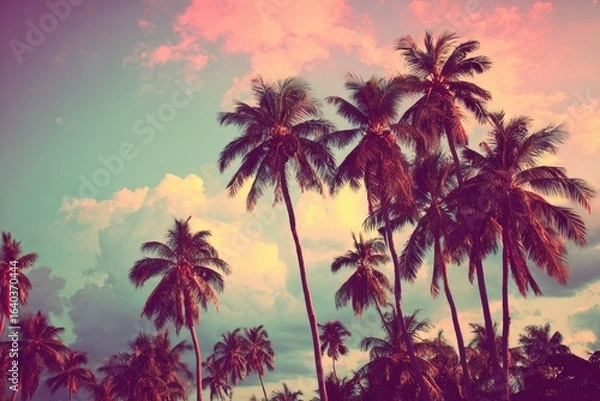 Fototapeta Palm trees against a vibrant sunset sky