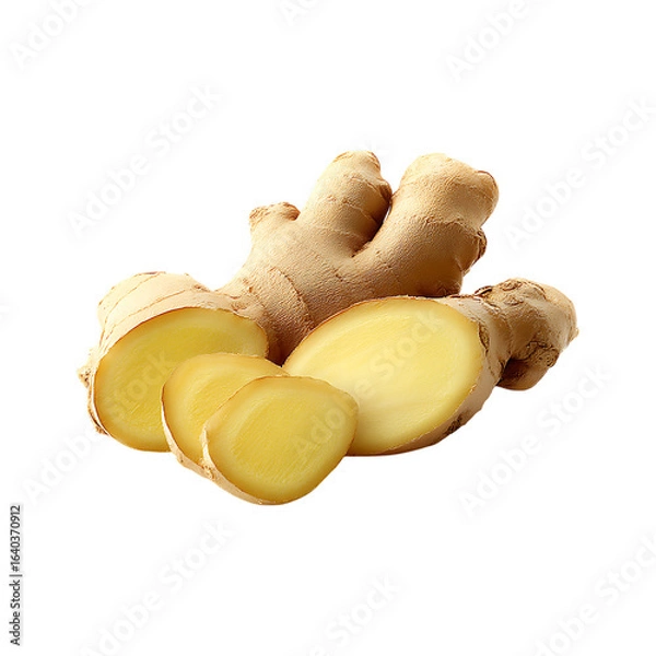 Fototapeta Fresh ginger root with slices isolated on a transparent background.