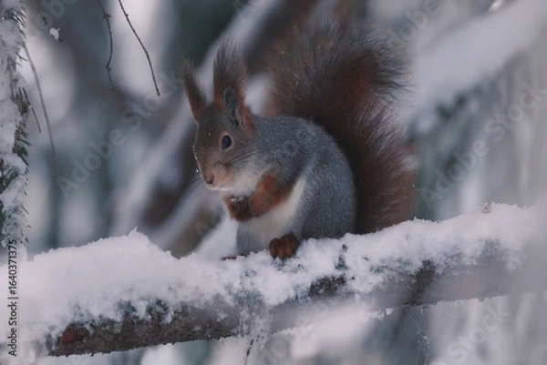 Obraz Squirrel perched on a snowy branch surrounded by winter scenery