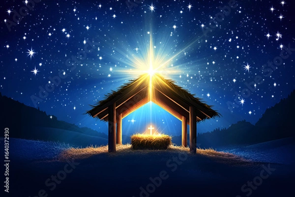 Fototapeta Nativity scene glowing under starry night sky with bright star