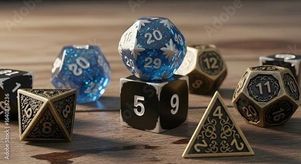 Fototapeta Action-Packed Dice Rolling, Tabletop Game Adventure, Cozy Room Setting, Digital Illustration, Captivating Viewpoint, Fantasy Concept
