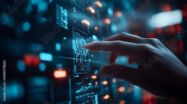 Fototapeta A hand interacting with a glowing screen displaying data charts and information in a futuristic setting