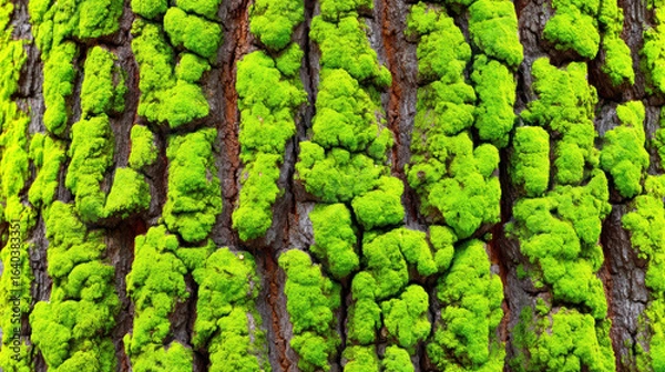 Fototapeta Bright green moss growing on rough tree bark in nature