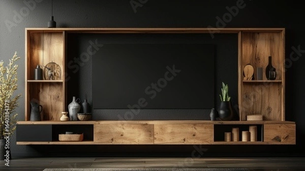 Fototapeta Modern wooden TV shelf with items and empty black mock up banner on dark wall background. Interior design and living room with place for advertisement concept. 3D Rendering