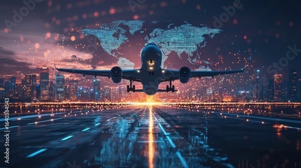 Fototapeta Technology digital future of commercial air transport concept, Airplane taking off from airport runway on city skyline and world map background with copy space, Moving by speed motion blur effect
