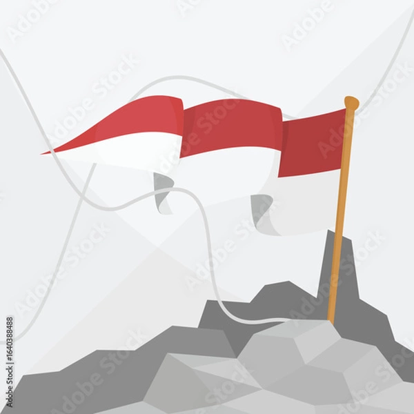 Fototapeta Vector of the Indonesian flag waving on the rocks of a mountain peak for Indonesian Independence day background or social media design