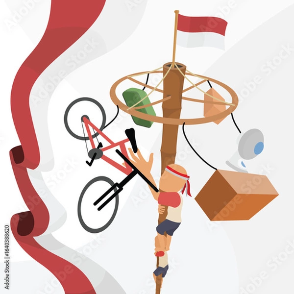 Fototapeta Vector image of Panjat Pinang with red and white ribbon ornaments for Indonesian Independence Day background or social media design