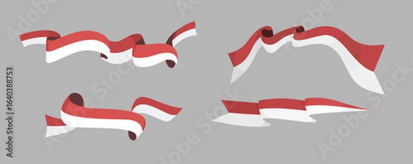 Fototapeta Set of red and white Indonesia flag ribbon vector illustration for national events, independence day, and decorative graphic design purposes