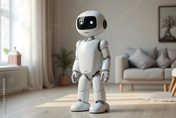 Obraz Standing Robot in Living Room with Sunlight on Wooden Floor