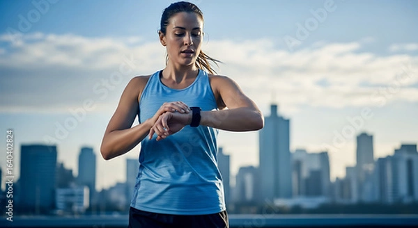 Fototapeta Athletic woman checking her smartwatch to monitor workout progress and training schedule during a run in the city.