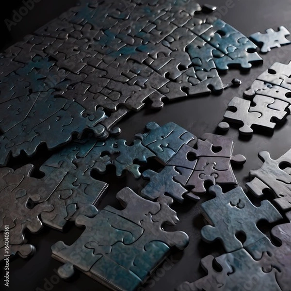 Fototapeta Interlocking Jigsaw Puzzle Pieces on Dark Surface