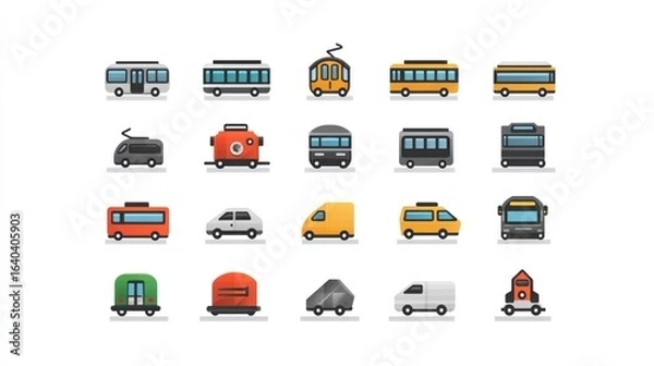Fototapeta A collection of colorful icons representing various types of vehicles and transportation methods, displayed on a white background.