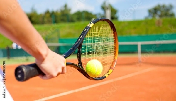 Obraz Sports action close-up showing tennis player’s hand gripping racket, yellow ball at moment of contact, warm sunlight