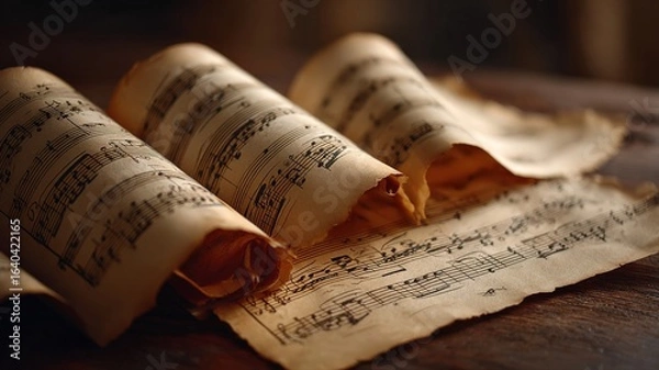 Fototapeta old music manuscript with elegant notes fading in, golden brown textured paper, artistic background, calm lighting, cinematic atmosphere
