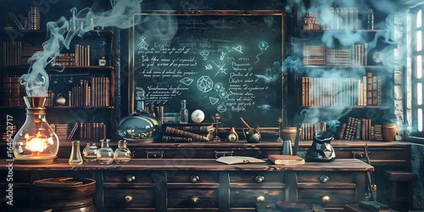 Obraz Science Lab with Steaming Beakers, Books, and Chalkboard Equations for a Dynamic Learning Environment

