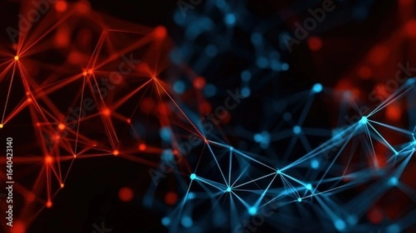 Fototapeta neon-lit abstract polygon network, continuous motion, futuristic communication overlay, sharp lighting contrast, digital aesthetic