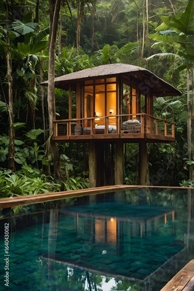 Fototapeta Luxury Treehouse Paradise: A Secluded Tropical Escape with Infinity Pool