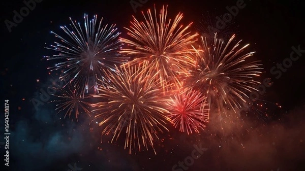 Fototapeta isolated multicolored fireworks grand finale bursting in dark sky, cinematic glow, seamless looping motion, high contrast, vibrant particles, celebration atmosphere