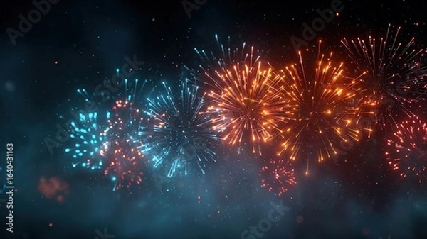 Fototapeta isolated multicolored fireworks grand finale bursting in dark sky, cinematic glow, seamless looping motion, high contrast, vibrant particles, celebration atmosphere