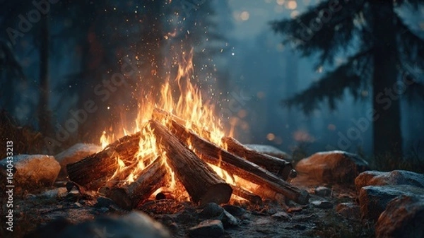 Fototapeta intimate fire scene at night, detailed flames licking logs, soft glow and sparks, ultra-realistic rendering, dark campsite mood