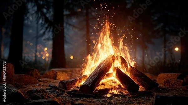 Fototapeta intimate fire scene at night, detailed flames licking logs, soft glow and sparks, ultra-realistic rendering, dark campsite mood