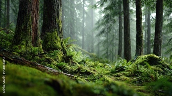 Fototapeta hyper-detailed forest scene, mossy trunks and green ferns in motion time-lapse, ethereal forest glow, natural serenity