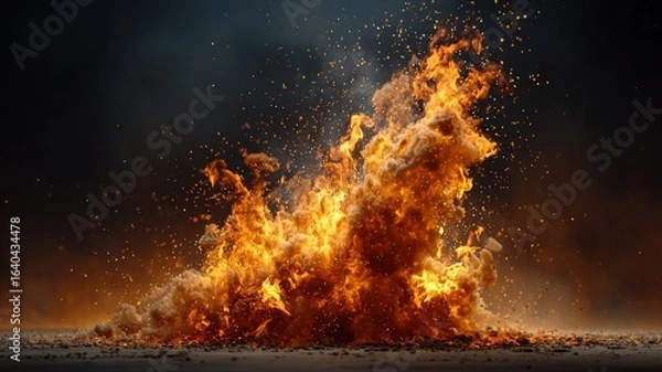 Fototapeta high-speed slow motion flame burst, fiery explosion with glowing embers, clean dark backdrop, dramatic motion freeze, ultra-detailed fire texture