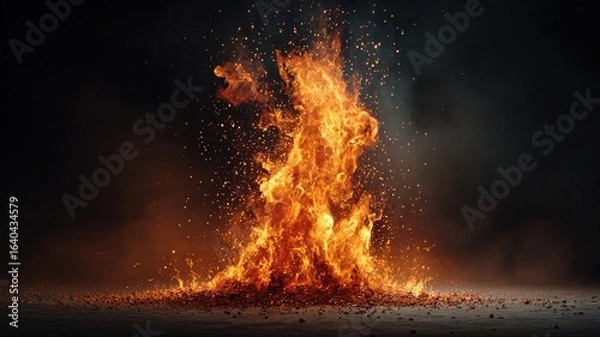 Fototapeta high-speed slow motion flame burst, fiery explosion with glowing embers, clean dark backdrop, dramatic motion freeze, ultra-detailed fire texture