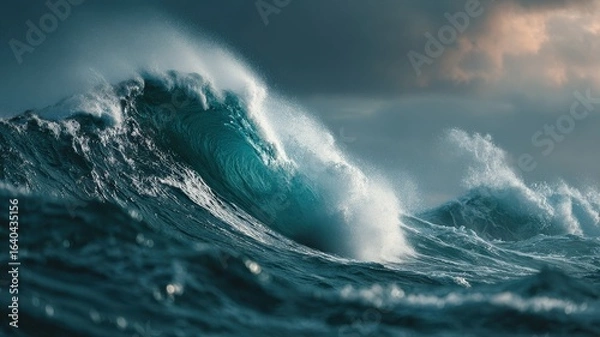 Fototapeta high-detail wave crash in slow motion, glowing blue water under moody sky, stormy sea energy, realistic ocean surface texture