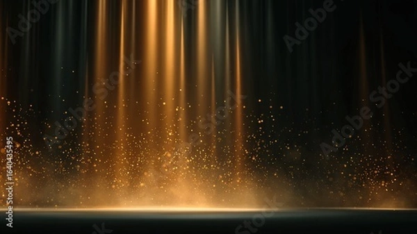 Fototapeta golden particle glow with neon light beams creating a stage-like virtual hall, luxurious cinematic background, soft depth, dark contrast