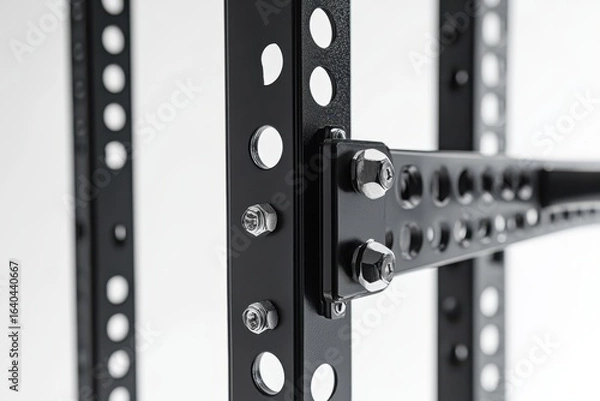 Fototapeta Close up of a black steel power rack with pull up bar isolated on white background