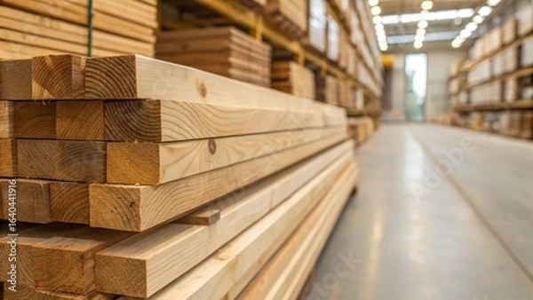 Fototapeta Close Up of Stacked Wooden Planks in Hardware Store for Construction and Carpentry Concept