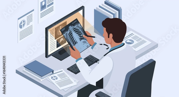 Fototapeta Doctor Reviewing XRay on Computer and Tablet.