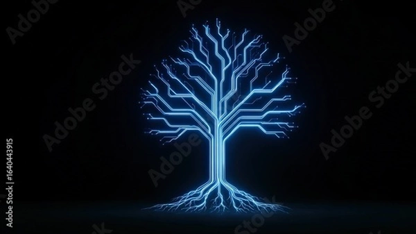 Fototapeta glowing circuit tree animation, blue neon light structure expanding from root to branches, metaphor for sustainable technology, clean black tech background