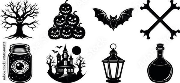 Fototapeta Set of halloween silhouettes black icon and character. witch, creepy and spooky elements for halloween decorations, sticker. Vectors on isolated background.
