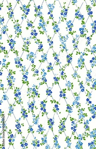 Fototapeta Delicate blue and green floral pattern on a white background, arranged in a diamond lattice