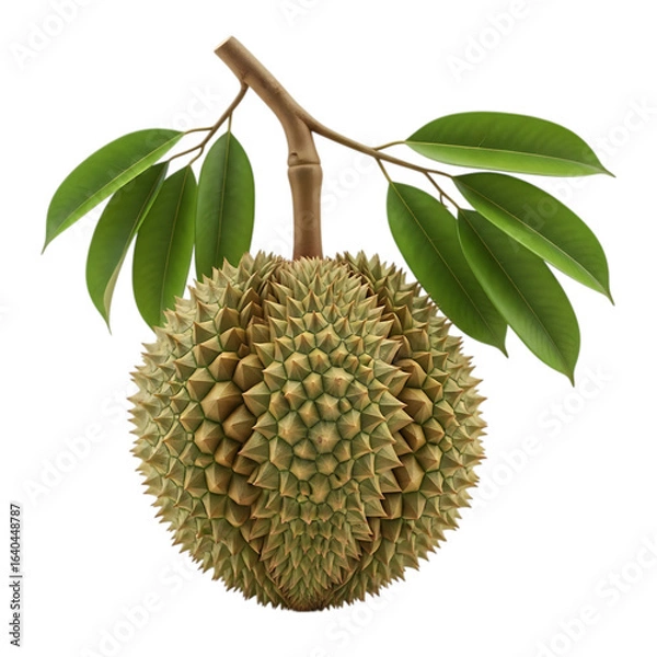Fototapeta A whole durian fruit hanging from a branch with green leaves