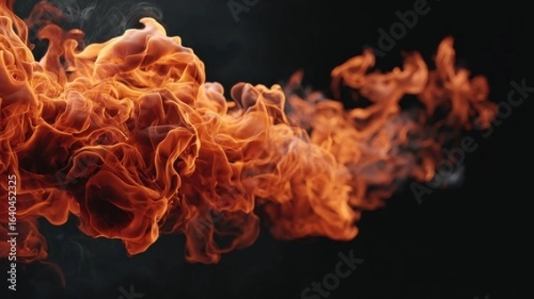 Fototapeta elegant flames rising softly in slow motion, black background, vivid orange light, subtle smoke trails, ultra-realistic fire texture