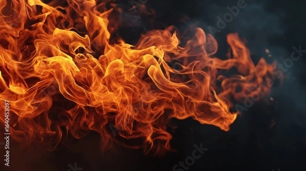 Fototapeta elegant flames rising softly in slow motion, black background, vivid orange light, subtle smoke trails, ultra-realistic fire texture