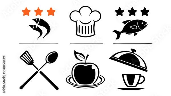 Fototapeta Collection of Restaurant Icons for Culinary Businesses, Featuring Essential Symbols Like Fork, Knife, Plate, Chef Hat, and More. Perfect for Menus, Branding, Websites, and Food-Related Projects