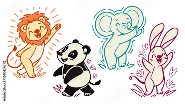 Fototapeta Set of Funny Cartoon Animals with Playful, Whimsical Designs Featuring Cute Characters Like Lions, Monkeys, Elephants, and More – Perfect for Kids, Illustrations, and Fun Projects