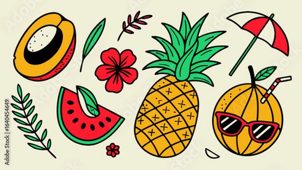 Fototapeta Vector Illustration of Colorful Fruit Icons for Fresh, Healthy, and Playful Designs Featuring Apples, Bananas, Oranges, Grapes, and More – Perfect for Food, Health, and Organic Themes