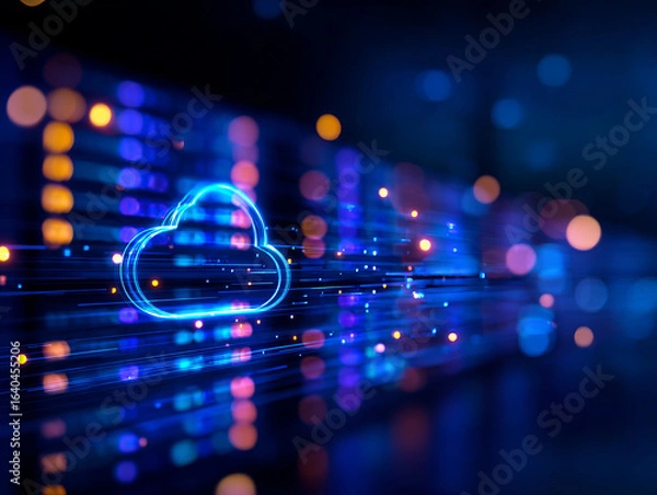Obraz Cloud migration concept showing data being transferred through digital network with vibrant