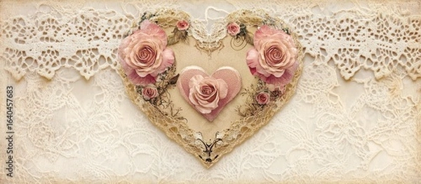 Fototapeta Delicate heart-shaped frame adorned with pastel pink roses, set against a backdrop of lace