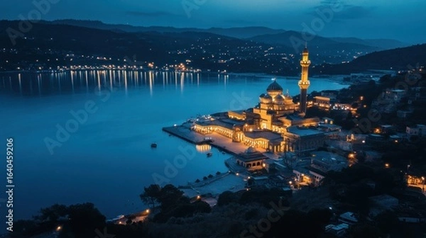 Fototapeta Illuminated mosque at twilight, overlooking a harbor city