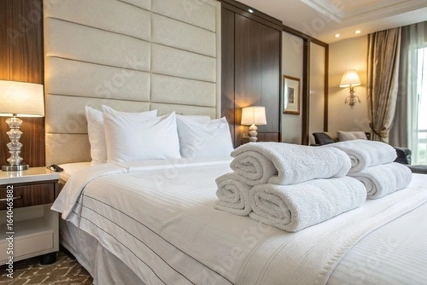 Fototapeta Luxury hotel room with crisp white linens, soft pillows, and neatly arranged towels. Evokes comfort, relaxation, and cleanliness—perfect for hospitality, wellness, and upscale lodging imagery.