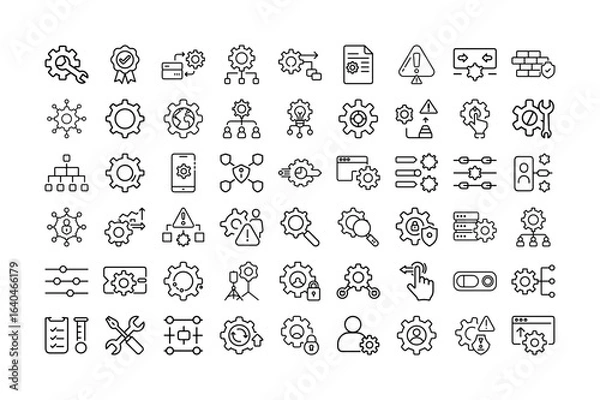 Fototapeta Settings Vector Icon Set. Includes gear, wrench, configuration, settings, adjustment, system, workflow, optimization, control, network, and more. Editable stroke. Vector illustration.